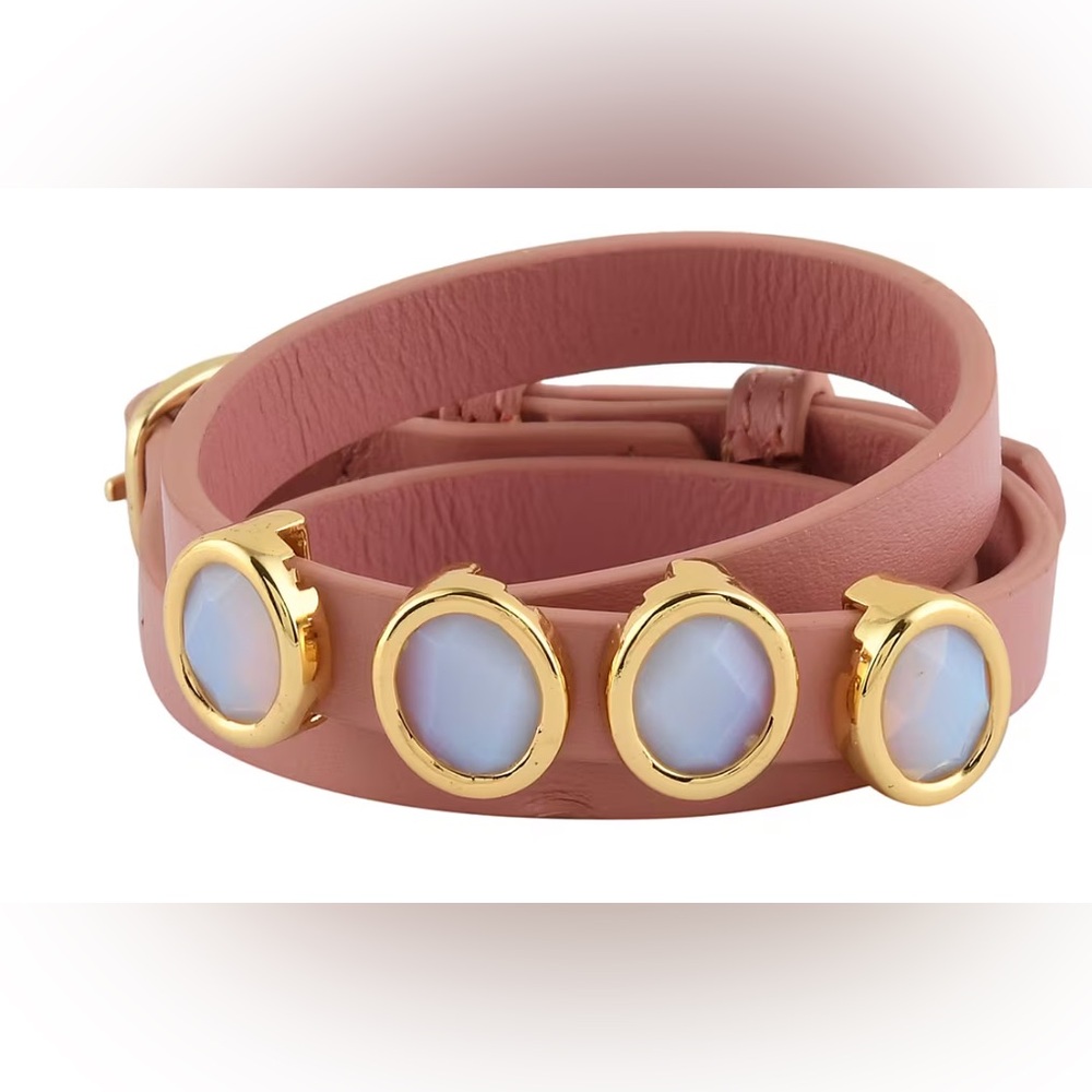 ✨White Chalcedony Pink Leather Wrap Bracelet Goldtone Adjustable